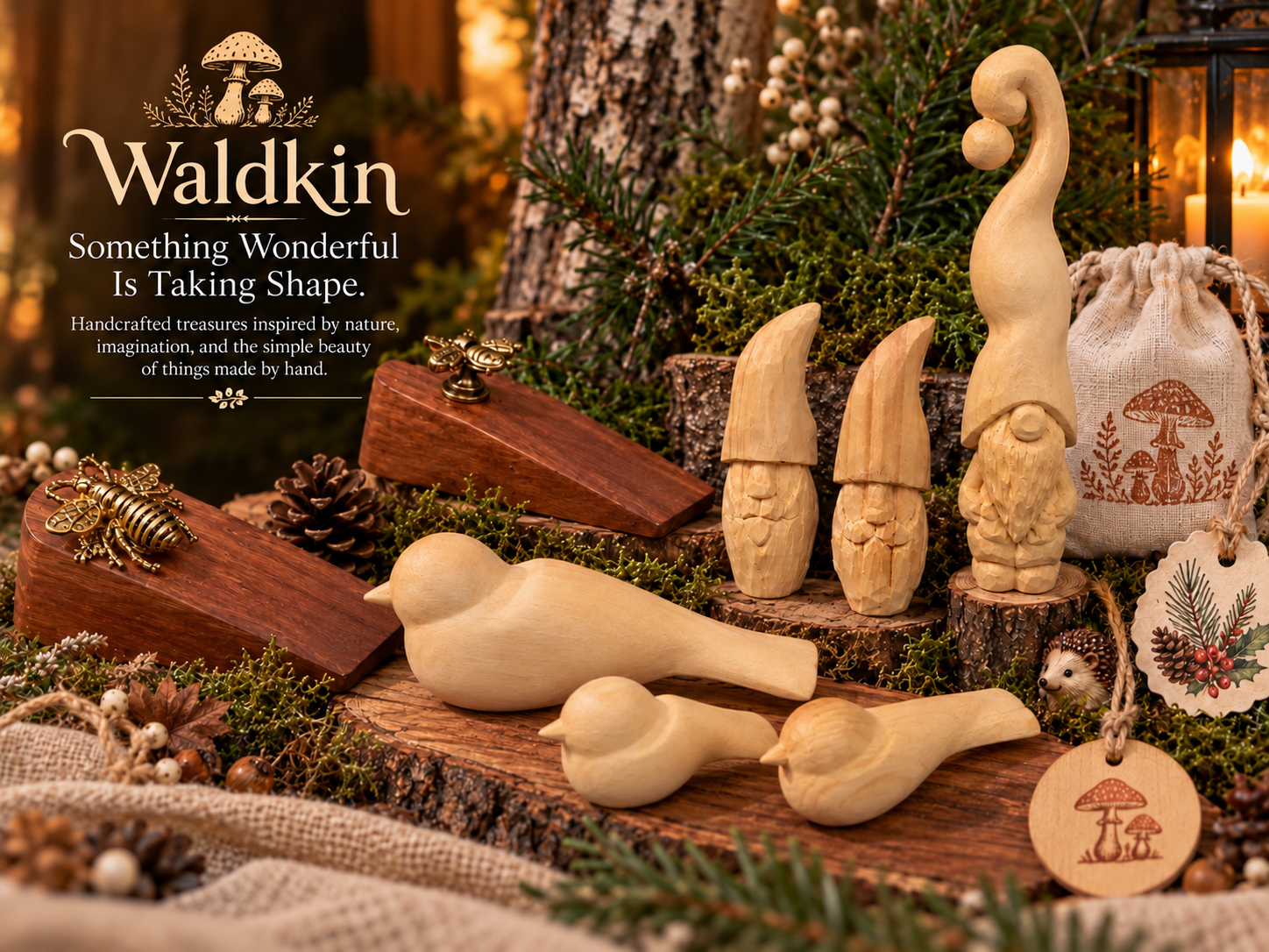 Waldkin, Something Wonderful Is Taking Shape. A warm woodland scene with hand-carved birds, woodfolk, bee doorstops, mushroom-stamped muslin bag and forest details.